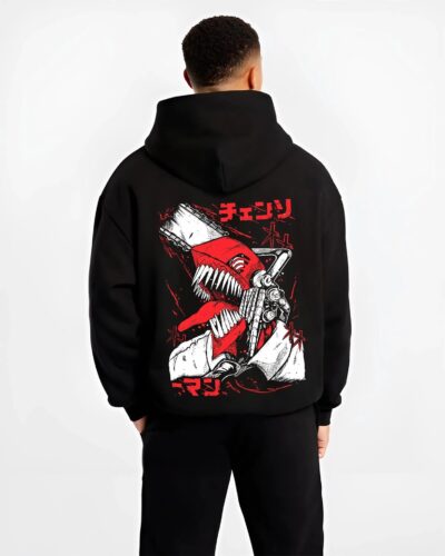 CHAINV7 B.black hoodie male back view - Chainsaw Man EU Store