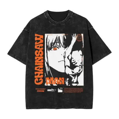Makima Orange Color Chainsaw Man Anime Mineral Washed T-shirt