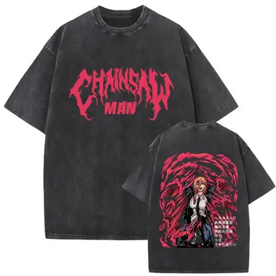 Power Pink Design Chainsaw Man Mineral Wash T-shirt