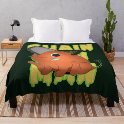 Chainsaw Man Pochita Green Background Throw Blanket