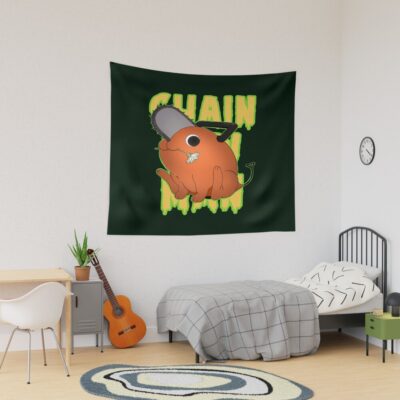 Chainsaw Man Pochita Green Background Tapestry