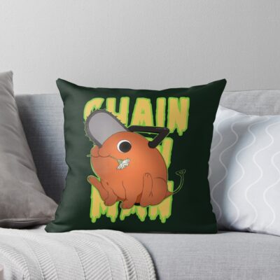 Chainsaw Man Pochita Green Background Throw Pillow