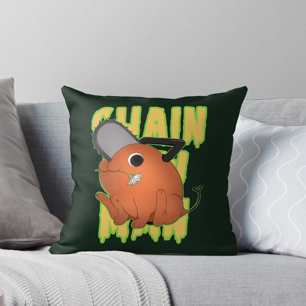 Chainsaw Man Pochita Green Background Throw Pillow